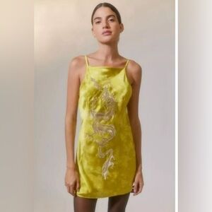 Urban Outfitters | Bird Song Mini Satin Party Dress New Medium Yellow Dragon